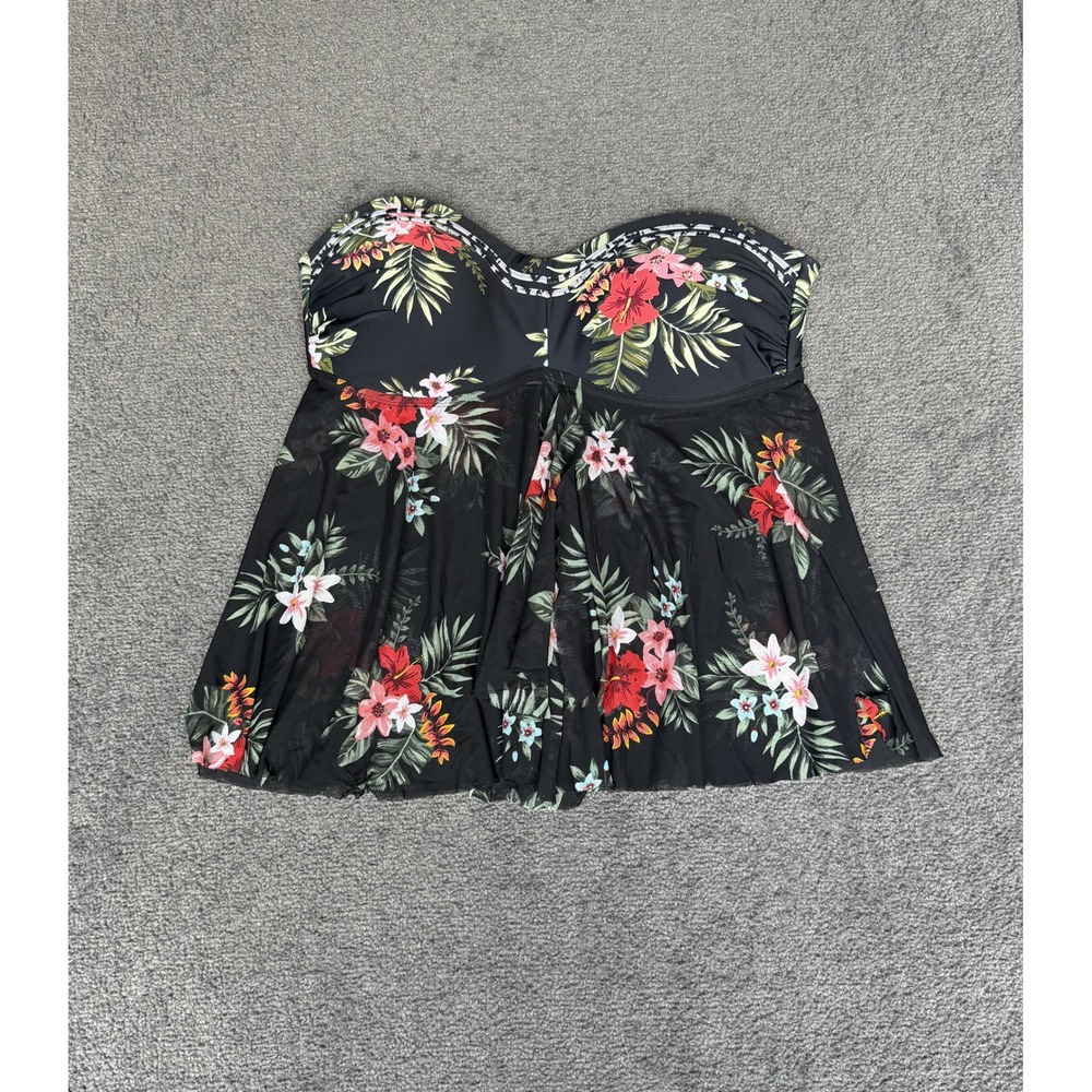 Kona Sol Womens XL Tropical Floral Bandeau Tankini Top Black Mesh Overlay